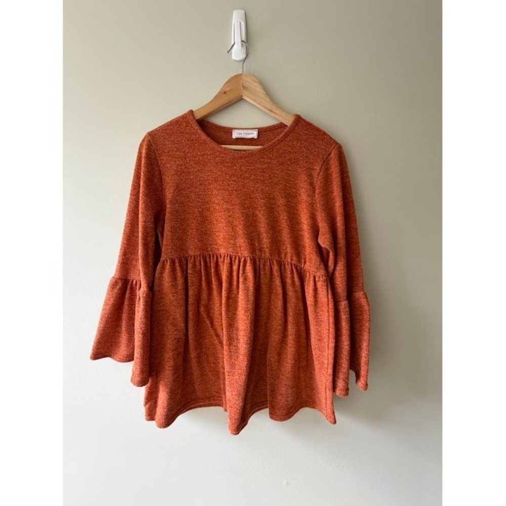 Boho Fall Ces Femme Babydoll Top L Orange Heathered Bell Sleeve Empire Waist - Picture 6 of 6
